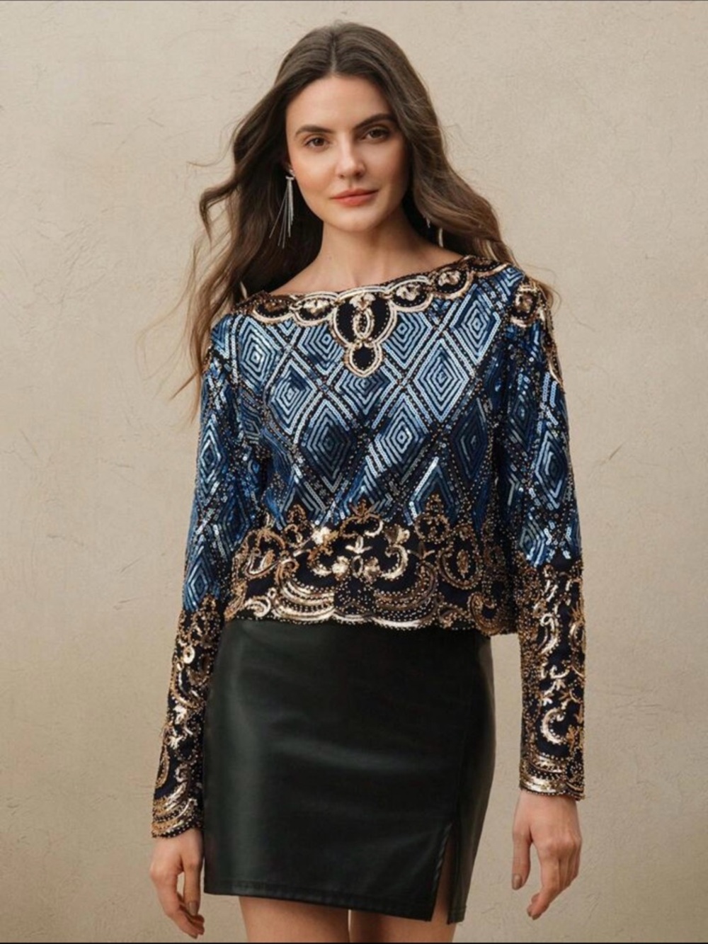 Black Blue and Gold Sequin Embellished Women's Top